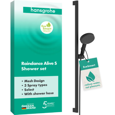hansgrohe Raindance Alive Select S Brauseset 125 3jet EcoSmart mit Brausestange Unica E Puro 90 cm und Easy Slide Brausehalter, Mattschwarz