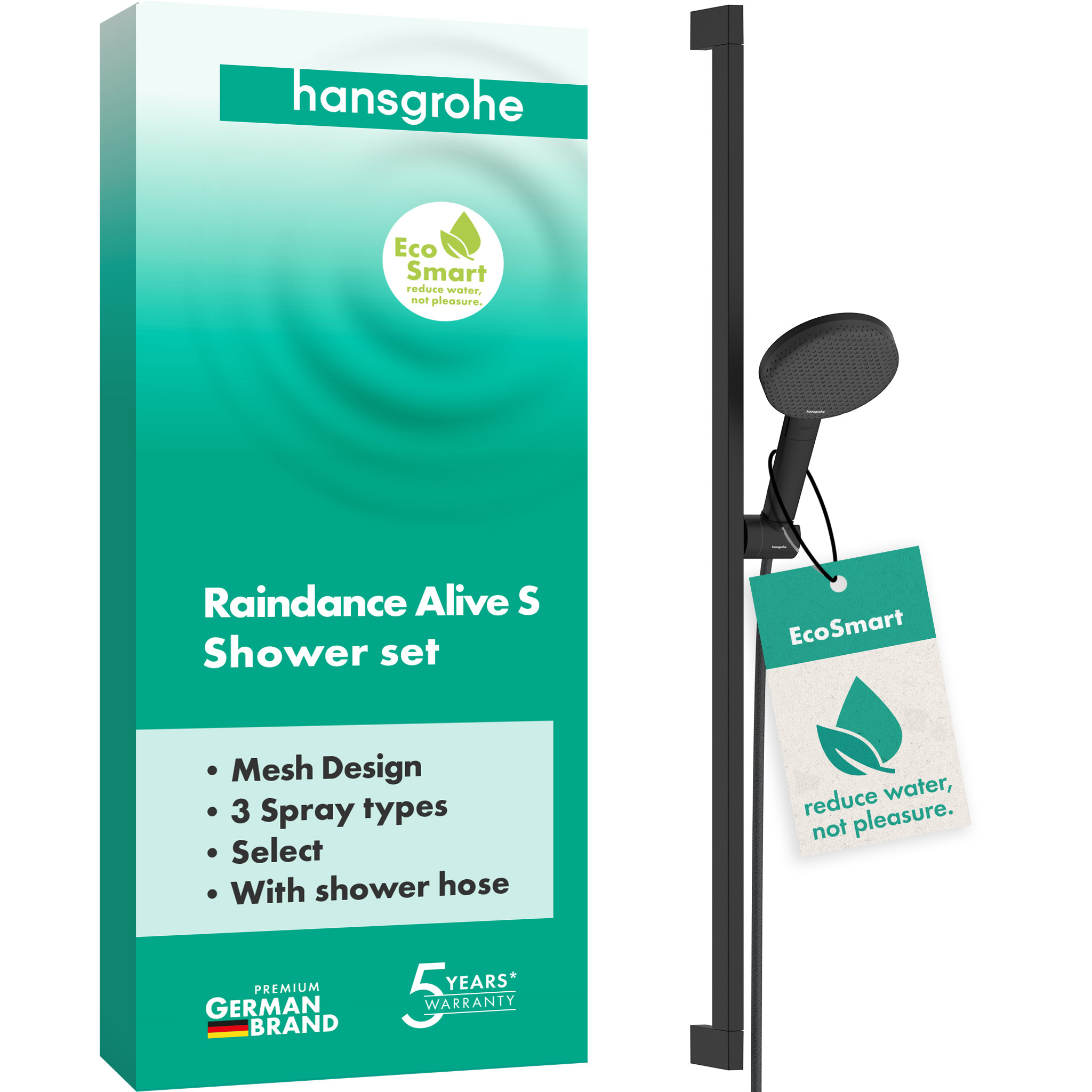 hansgrohe Raindance Alive Select S Brauseset 125 3jet EcoSmart mit Brausestange Unica E Puro 90 cm und Easy Slide Brausehalter, Mattschwarz