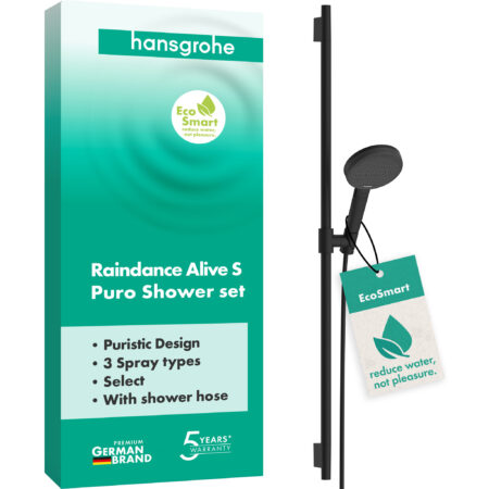 hansgrohe Raindance Alive Select S Brauseset 125 3jet EcoSmart mit Brausestange Unica S Puro 90 cm, Mattschwarz