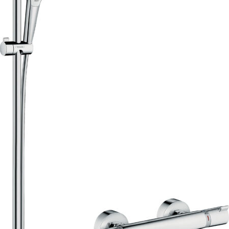 hansgrohe Croma Select E Brausesystem Aufputz Vario mit Ecostat Comfort Thermostat und Brausestange 90 cm, Weiß/Chrom