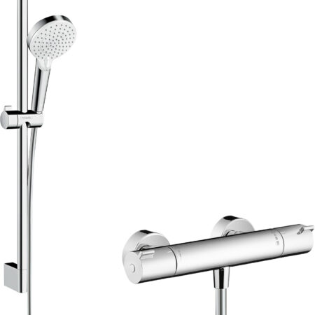 hansgrohe Crometta Brausesystem Aufputz Vario mit Ecostat 1001 CL Thermostat und Brausestange 65 cm, Weiß/Chrom