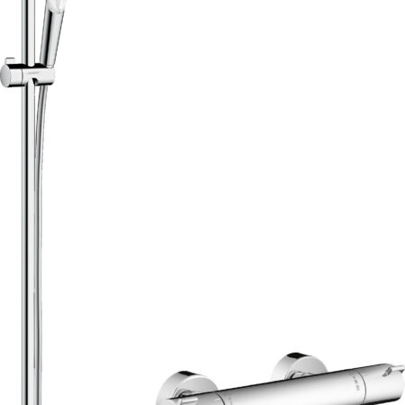 hansgrohe Crometta Brausesystem Aufputz Vario mit Ecostat 1001 CL Thermostat und Brausestange 90 cm, Weiß/Chrom