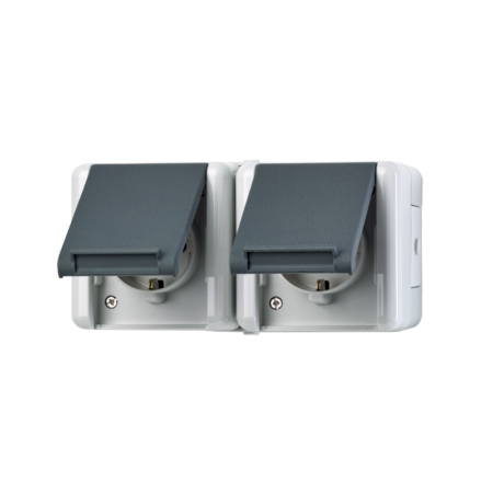SCHUKO®-Zweifach-Steckdose, verdrahtet, 16 A 250 V ~, waagerecht, IP 44, WG 800