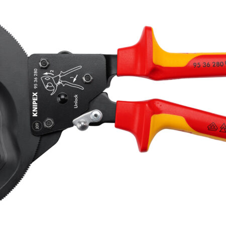 KNIPEX 95 36 280 Kabelschneider (Ratschenprinzip) isoliert mit Mehrkomponenten-Hüllen, VDE-geprüft schwarz lackiert 280 mm (SB-Karte/Blister)