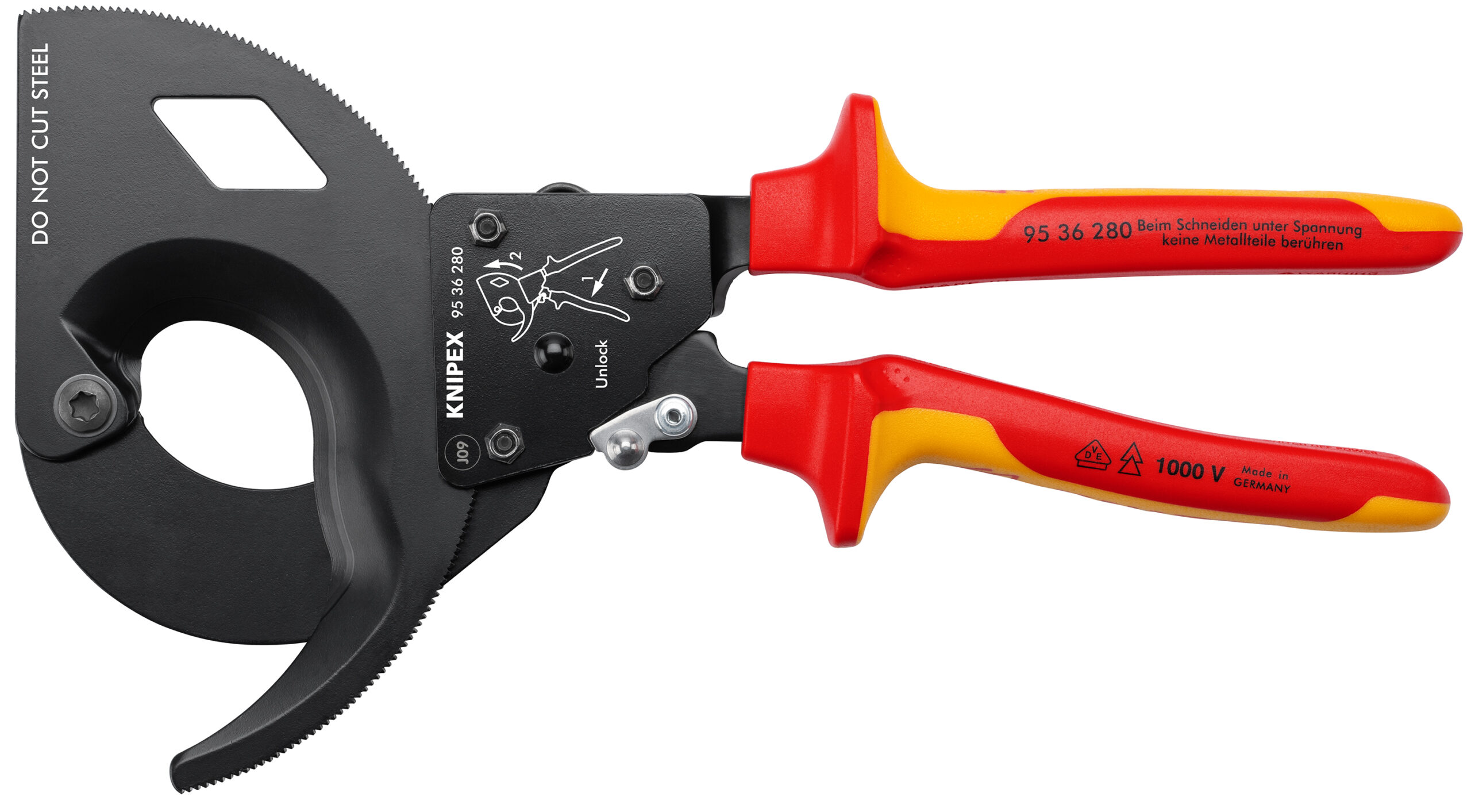 KNIPEX 95 36 280 Kabelschneider (Ratschenprinzip) isoliert mit Mehrkomponenten-Hüllen, VDE-geprüft schwarz lackiert 280 mm (SB-Karte/Blister)