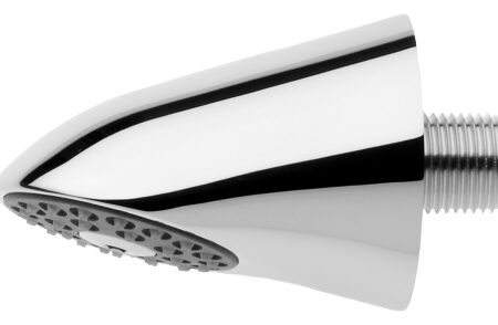 KP Duschkopf, AQUAJET-Slimline, DN15, Kunststoffstrahlboden mit Antikalk-System und geringer Aerosolbildung, Wandanschluss, Messing poliert verchromt, integrierter Durchflussmengenregler 9 l/min