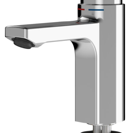 KP Standbatterie, F5, hydraulisch gesteuert, Fließzeit stufenlos einstellbar, Mischer, Messing poliert verchromt, diebstahlhemmender Luftsprudler 5 l/min