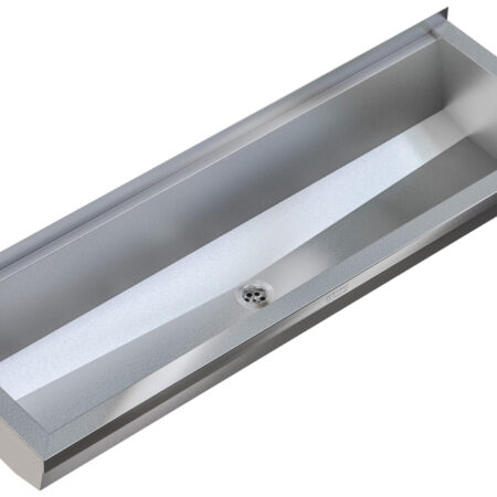 KP Waschrinne, PLANOX, Edelstahl, Wandmontage, 1600x210x382 mm, ohne Armaturenbank, Seitenpaneele mit integrierten Wandkonsolen, Ablauf mittig, Siebventil G 1 1/2 B
