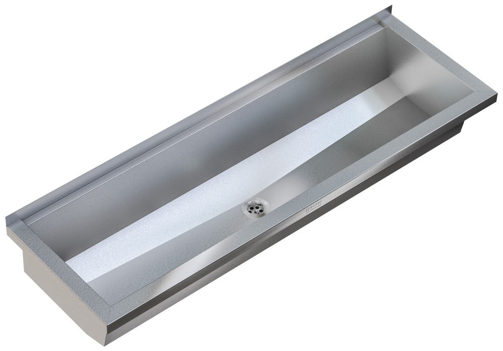 KP Waschrinne, PLANOX, Edelstahl, Wandmontage, 1600x210x382 mm, ohne Armaturenbank, Seitenpaneele mit integrierten Wandkonsolen, Ablauf mittig, Siebventil G 1 1/2 B