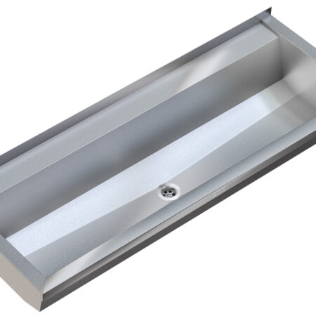 KP Waschrinne, PLANOX, Edelstahl, Wandmontage, 1800x210x442 mm, abgesenkte Armaturenbank 80 mm, ohne Armaturenbohrung, Seitenpaneele mit integrierten Wandkonsolen sowie zusätzliche Konsole, Ablauf mittig, Siebventil G 1 1/2 B