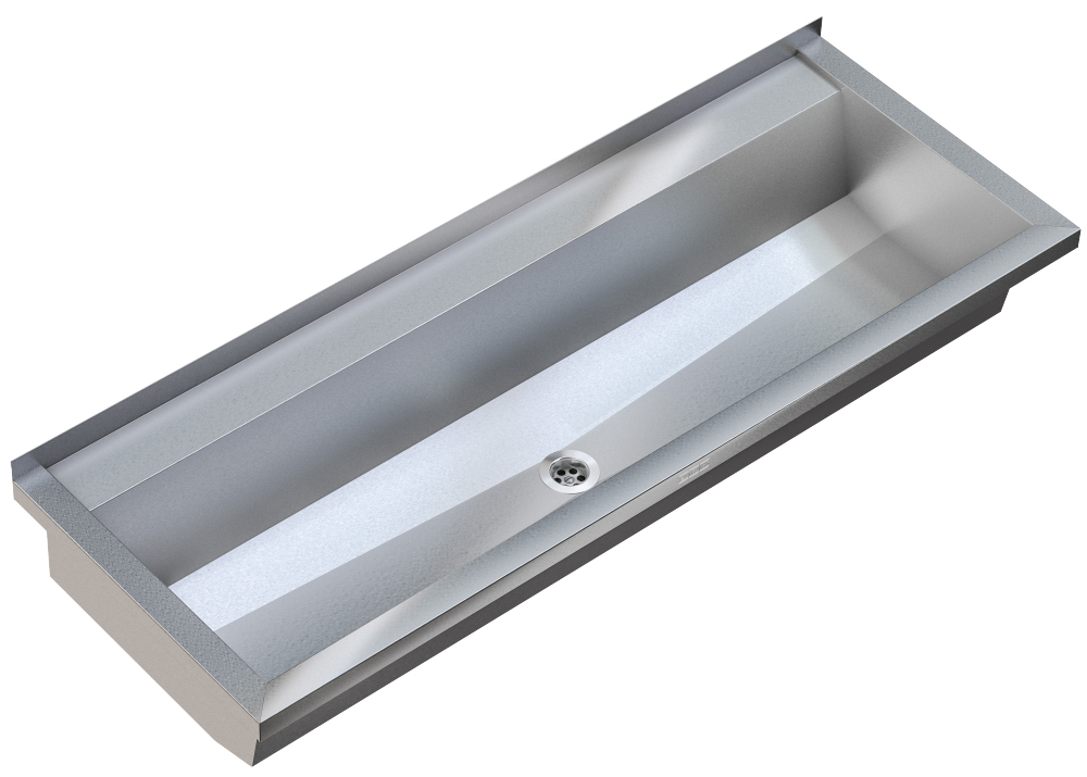 KP Waschrinne, PLANOX, Edelstahl, Wandmontage, 1800x210x442 mm, abgesenkte Armaturenbank 80 mm, ohne Armaturenbohrung, Seitenpaneele mit integrierten Wandkonsolen sowie zusätzliche Konsole, Ablauf mittig, Siebventil G 1 1/2 B