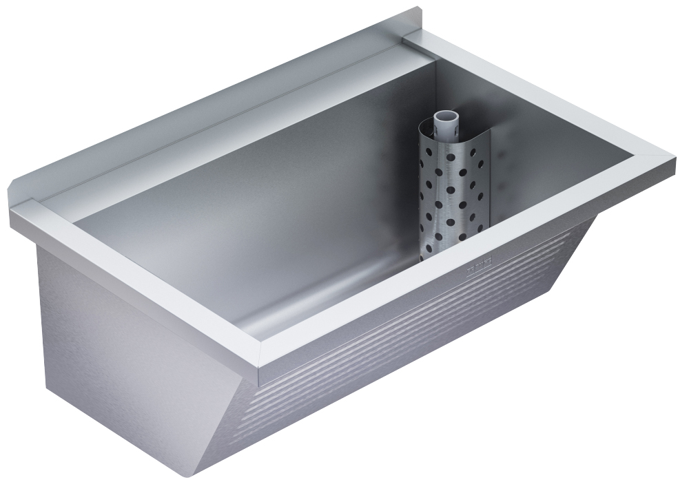 KP Waschtrog, SIRIUS, Edelstahl, 750x354x500 mm, Wandmontage, Ablauf mittig links, Standrohrventil, entnehmbares Eckschutzblech