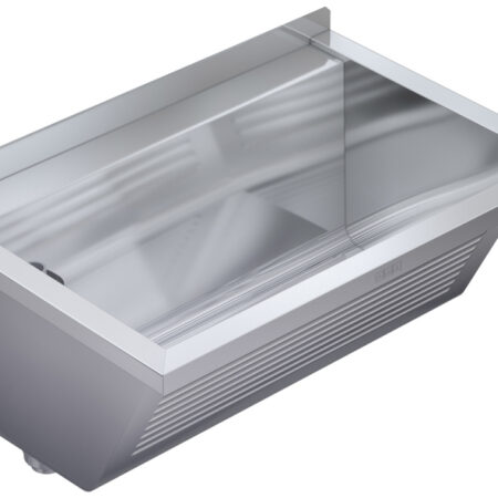 KP Waschtrog, SIRIUS, Chromstahl, 750x354x500 mm, Wandmontage, Ablauf hinten links, Standrohrventil, entnehmbares Eckschutzblech