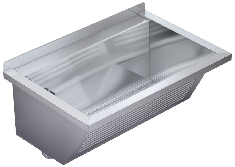 KP Waschtrog, SIRIUS, Chromstahl, 750x354x500 mm, Wandmontage, Ablauf hinten links, Standrohrventil, entnehmbares Eckschutzblech
