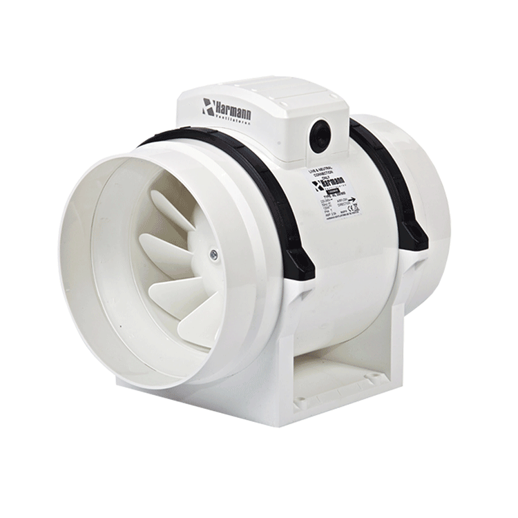 Kunststoffausführung mit Kugellager Stutzen DN=100mm/L=25mm Fördermenge 256/187m³/h, 230V, 50Hz, 0,1/0,9A, 23/18W, Stat. Druck 170/130Pa, Betriebsgeräuschpegel 23/20dB(A), IPX4, 2450/2500 U/min