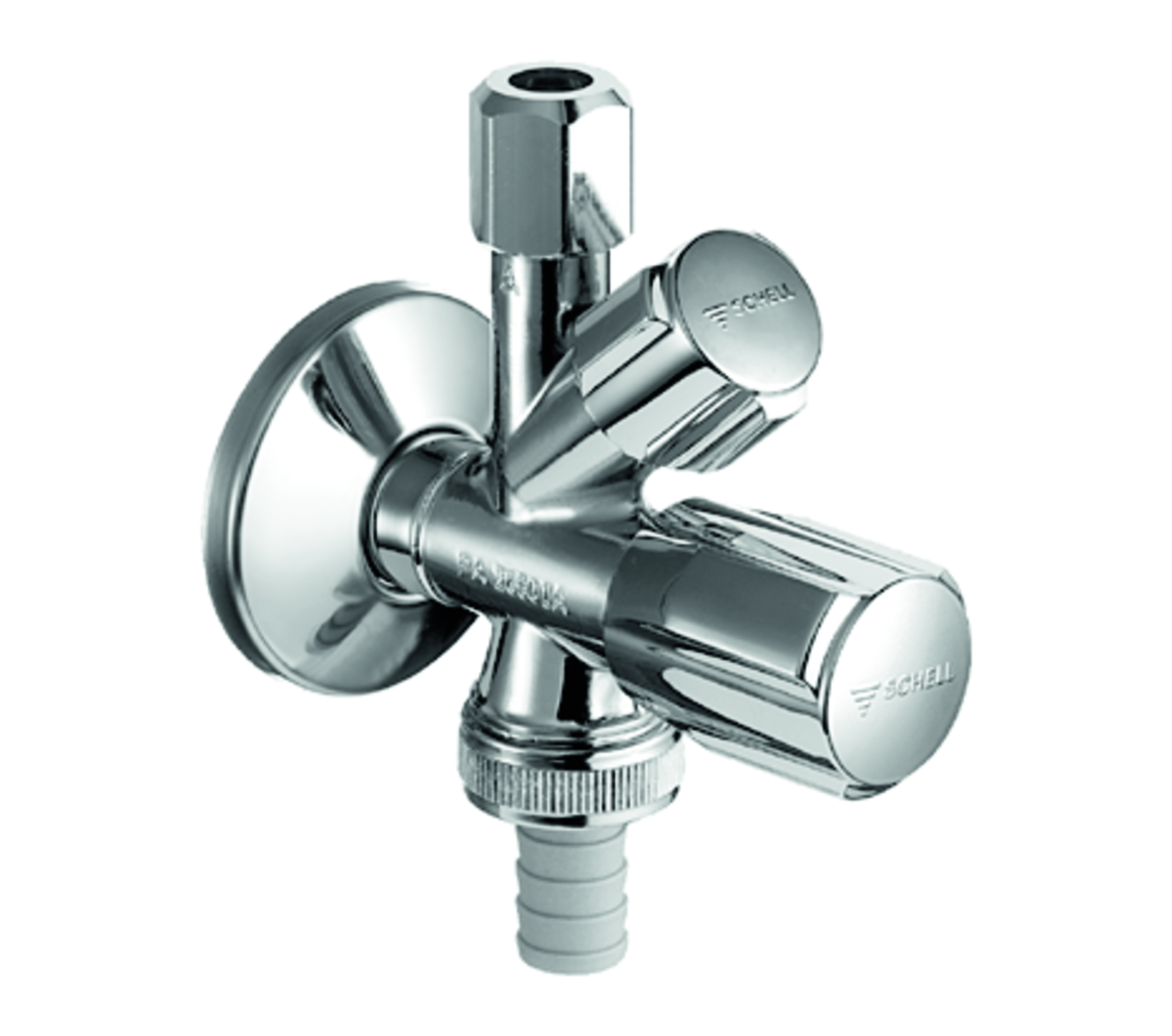 SCHELL Kombi-Eckventil COMFORT, RFV im Abgang Geräteanschluss, DN 10 G 3/8 AG mit ASAG easy, Schlauchverschraubung Ø 14,5 mm (DN 20 G 3/4 AG), chrom