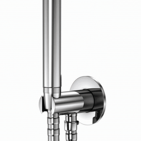 Serie 100 Handbrausegarnitur mit integriertemBrauseanschlussbogen ½ Zoll, mit Halter, mit Metallbrauseschlauch 1500 mm, mit Metall Stabhandbrause, eigensicher gegen Rückfließen, chrom
