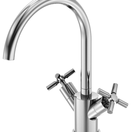 Serie 250 Waschtisch Zweigriffarmatur mit Ablaufgarnitur Ausladung 155 mm, mit schwenkbarem Auslauf, mit 90° Keramikventilen, mit Flexschläuchen 3/8 Zoll, chrom