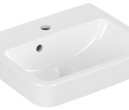 Villeroy & Boch Handwaschbecken O.novo 434445, 450 x 370 mm, Eckig, Becken mittig, 1HL. mittleres Hahnloch durchgestochen, mit Überlauf, Weiß Alpin
