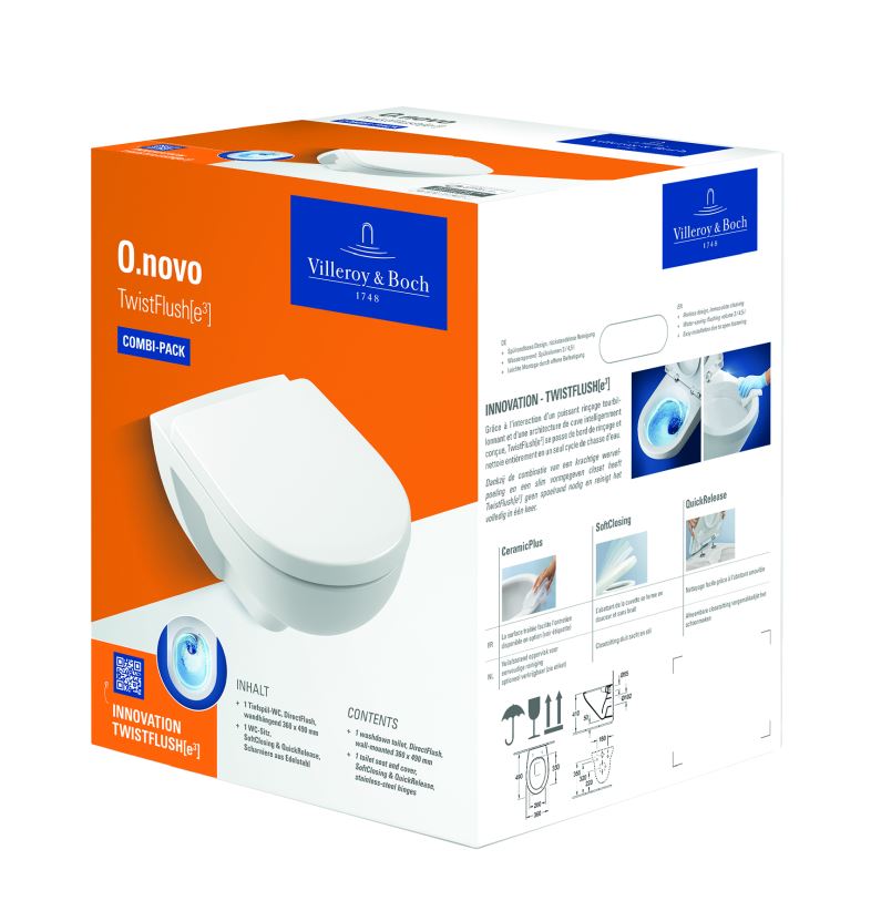 Villeroy & Boch Combi-Pack O.novo 5660CL, 360 x 520 x 352 mm, Oval, wandhängend, Abgang waagerecht, mit TwistFlush, Weiß Alpin