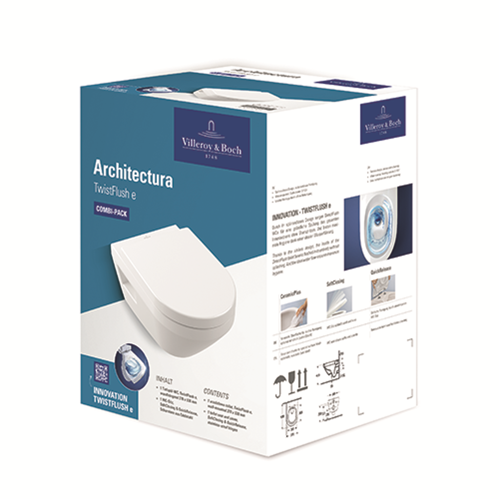 Villeroy & Boch Combi-Pack Architectura 5684CL, 370 x 530 x 350 mm, Oval, wandhängend, Abgang waagerecht, mit TwistFlush, Weiß Alpin