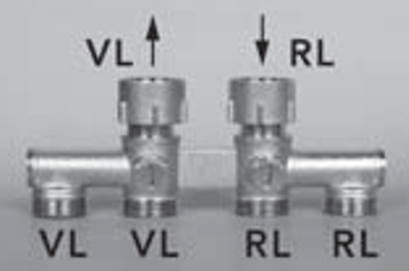 VN-Vierfachverteiler m. Abstand 40-50-40 vernickelt mit Steg, 2x3/4"IG / 4x3/4"AG